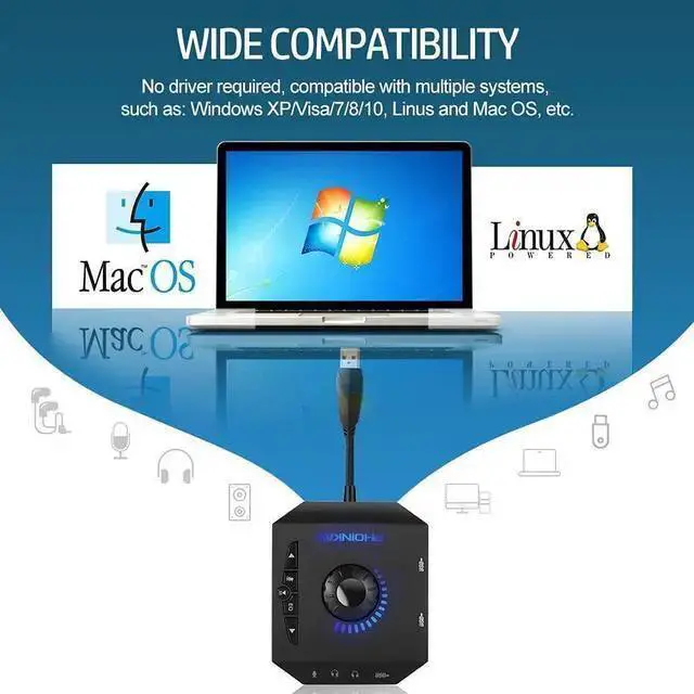 Alt view image 4 of 7 - WISDUM T10 External Sound Card, USB Audio Adapter for PC Windows, Mac, Linux, Laptops, Desktops, Stereo Sound Card with 3.5mm Interface & USB Interface, Volume Control, Plug & Play (6-in-1, Black)