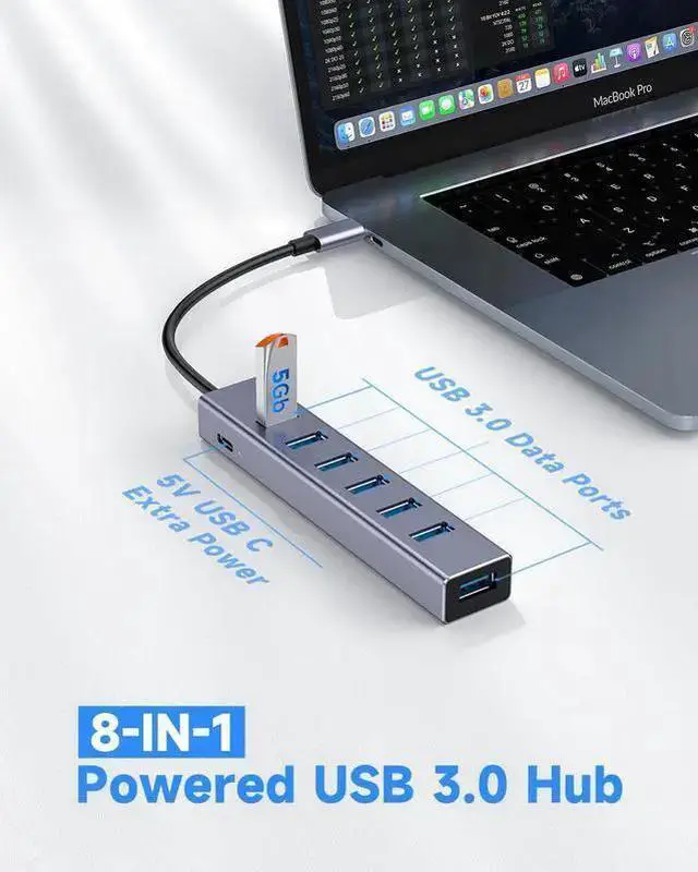 Alt view image 2 of 7 - WISDUM USB C to USB Hub, 8 Ports USB 3.0 Adapter with 7 USB 3.0 Data Ports,USB C Splitter with USB C 5V/3a Extra Power, 7.9IN/20CM Main Cable USB HUB, USB Extension for Laptop and PC