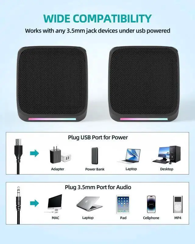 Alt view image 3 of 7 - WISDUM Computer Speakers,Computer Speakers for Desktop PC,Desktop Speakers,Small Computer Speakers USB Powered 3.5mm Aux Speaker for PC,Laptop,Tablet,Phone