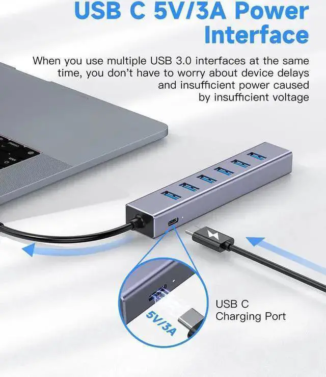 Alt view image 3 of 7 - WISDUM USB C to USB Hub, 8 Ports USB 3.0 Adapter with 7 USB 3.0 Data Ports,USB C Splitter with USB C 5V/3a Extra Power, 7.9IN/20CM Main Cable USB HUB, USB Extension for Laptop and PC