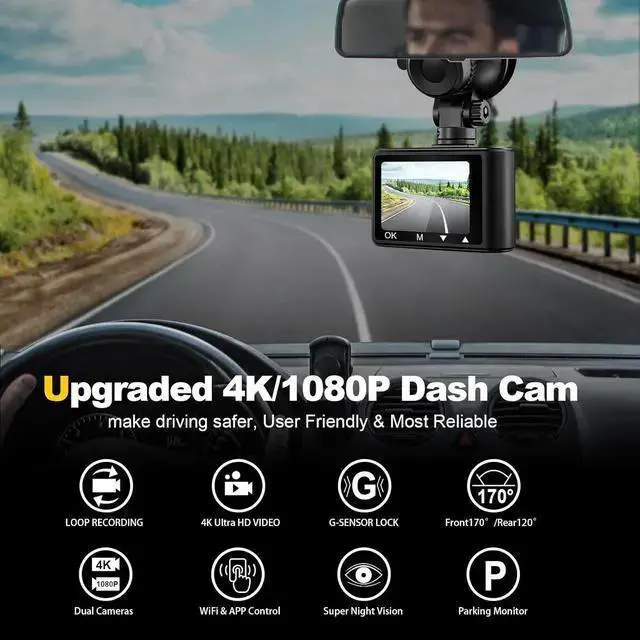 Alt view image 2 of 7 - WISDUM Dash Camera, 4K/1080p Dash Cam Front Rear Built-in WiFi, with 64GB SD Card, Full HD 2.0 IPS Screen Dash Camera for Cars with App Control, G-Sensor, Loop Recording, Parking Mode
