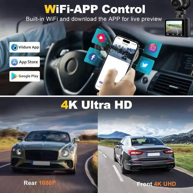 Alt view image 7 of 7 - WISDUM Dash Camera, 4K/1080p Dash Cam Front Rear Built-in WiFi, with 64GB SD Card, Full HD 2.0 IPS Screen Dash Camera for Cars with App Control, G-Sensor, Loop Recording, Parking Mode