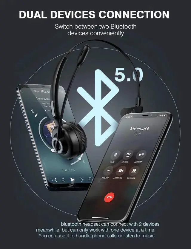 Alt view image 5 of 7 - WISDUM WIILGN Single Ear Wireless Cell Phone Headset, Trucker Bluetooth Headset, CVC 6.0 Noise Canceling Mic for Customer Service Chat, Office Call Center Wireless Headphone