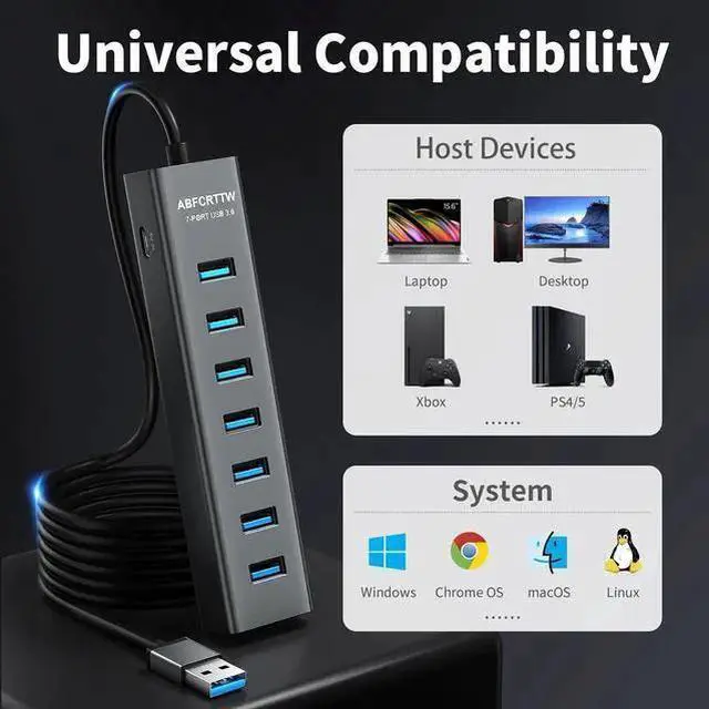 Alt view image 7 of 7 - WISDUM 4Ft 7-Port USB 3.0 Hub for Desktop - Aluminium USB Extender Hub 5Gbps USB Multiport Adapter USB Splitter USB Hub Long Cable for Desktop PC Flash Drive Mobile HDD Windows/XPS 1.2m