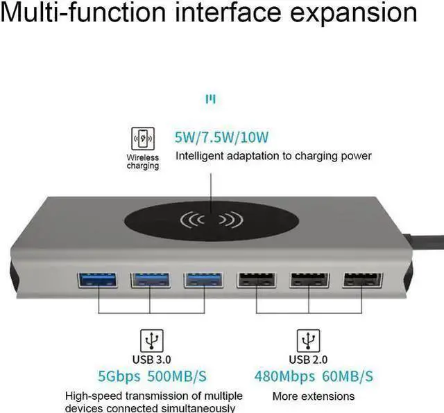 Alt view image 2 of 7 - WISDUM Weastlinks 15 in 1 USB HUB Multi Function USB Type-C Adapter Docking Station With Wireless Charging HDMI USB Ports USB-C Dock Compatible