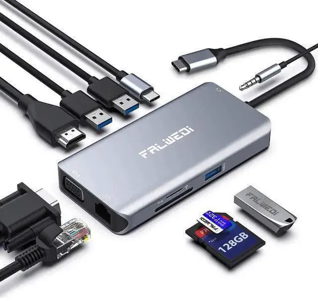 Main image of WISDUM USB C Hub, Type C Adapter, Falwedi 10-in-1 Dongle with Ethernet, 4K@30Hz HDMI, VGA, 3 USB3.0, SD/TF Card Reader, Audio, USB-C PD 3.0, Compatible for Air Pro and Other Type C Laptops