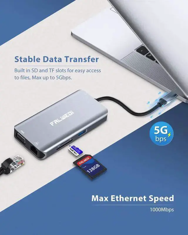 Alt view image 6 of 7 - WISDUM USB C Hub, Type C Adapter, Falwedi 10-in-1 Dongle with Ethernet, 4K@30Hz HDMI, VGA, 3 USB3.0, SD/TF Card Reader, Audio, USB-C PD 3.0, Compatible for Air Pro and Other Type C Laptops