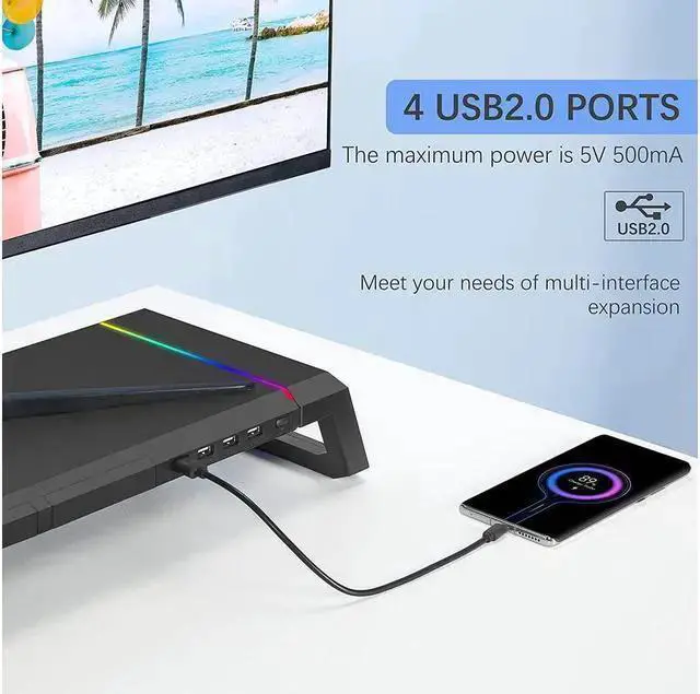 Alt view image 3 of 5 - WISDUM Monitor Stand RGB Gaming Lights with 4 USB 2.0, Foldable Computer Screen Riser with Storage Drawer and Phone Holder, Desk Organizer Shelf, for PC/Laptop/iMac - Black