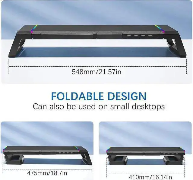 Alt view image 5 of 5 - WISDUM Monitor Stand RGB Gaming Lights with 4 USB 2.0, Foldable Computer Screen Riser with Storage Drawer and Phone Holder, Desk Organizer Shelf, for PC/Laptop/iMac - Black