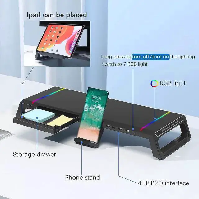 Alt view image 2 of 5 - WISDUM Monitor Stand RGB Gaming Lights with 4 USB 2.0, Foldable Computer Screen Riser with Storage Drawer and Phone Holder, Desk Organizer Shelf, for PC/Laptop/iMac - Black