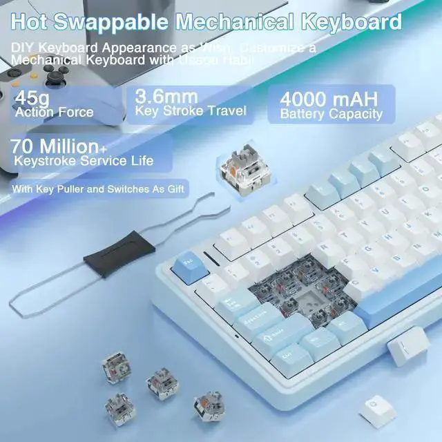 Alt view image 5 of 7 - WISDUM F75 75% Wireless Mechanical Keyboard,Gasket Hot Swappable Custom Keyboard,Pre-lubed Greywood Switch RGB Backlit Gaming Keyboard,2.4GHz/Type-C/BT5.0 Keyboard (Salt White Blue)