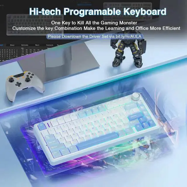 Alt view image 6 of 7 - WISDUM F75 75% Wireless Mechanical Keyboard,Gasket Hot Swappable Custom Keyboard,Pre-lubed Greywood Switch RGB Backlit Gaming Keyboard,2.4GHz/Type-C/BT5.0 Keyboard (Salt White Blue)