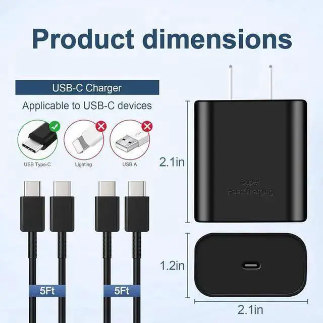 Alt view image 3 of 7 - WISDUM 45W USB C Charger,2-Pack Super Fast Charging Wall Charger for Galaxy S24 Ultra/S24+/S24 S23 Ultra/S23+/S23/ S22 Ultra/S22/Note 10 Plus,Galaxy Tab S8/S8+/S8 Ultra with 5ft Type C Cord