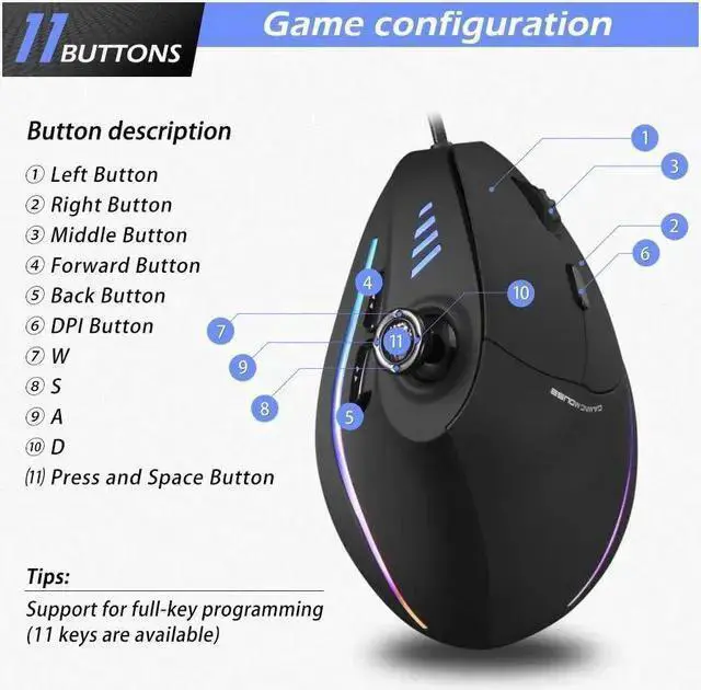 Alt view image 5 of 7 - WISDUM ZEERKEER Ergonomic Vertical Mouse, RGB Wired Vertical Gaming Mouse with Joystick, 10000 Max DPI and 11 Programmable Buttons for Gamers, Computer