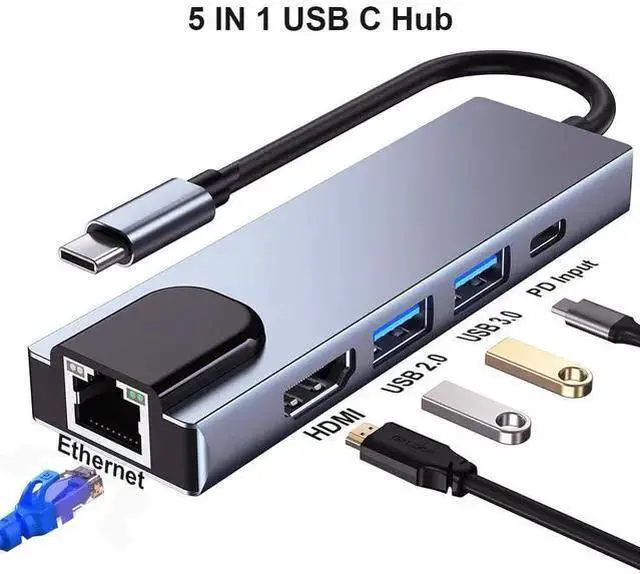 Alt view image 2 of 7 - WISDUM QCEs USB C Hub Multiport Adapter, 5-in-1 USB C to Ethernet HDMI Hub with HDMI Ethernet Port, USB3.0/2.0 Port, PD Charging Compatible with Pro/Air, Pro, 16/15, iMac, XPS