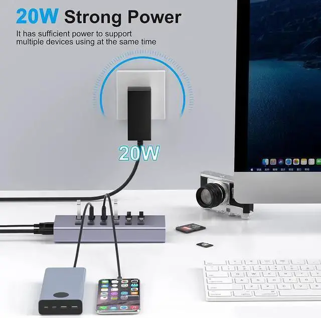 Alt view image 2 of 7 - WISDUM Powered USB Hub with TF/SD Card Reader, 8-Port USB 3.0 Hub with 6 USB 3.0 Data Ports, USB Spilter with Individual On/Off SwitchesAluminum USB Hub with AC Adapter for PC, Desktop,