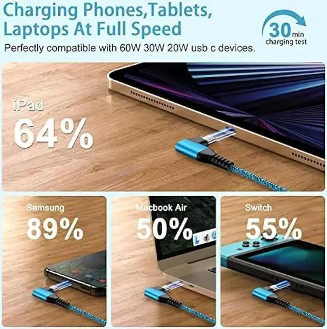 Alt view image 3 of 7 - WISDUM Android Phone Power Cord Charger Cable USB Type C to C 60W 3 Pack 6ft 90 Degree Fast Charging for Galaxy A54 A14 5G A13 A24 A23 S23 S22 A34 S21 FE A53 A03s Z Fold 4 Flip 4 S20 S10 S9
