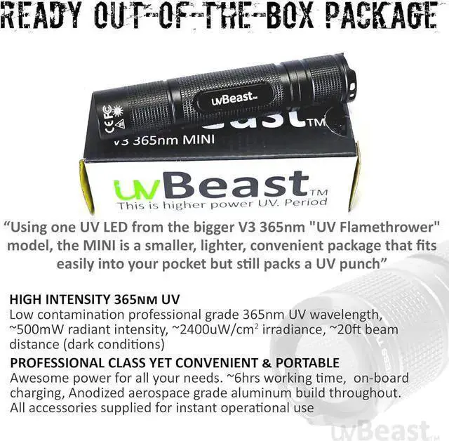 Alt view image 6 of 7 - WISDUM New V3 365nm MINI - Black Light UV Flashlight High Definition Pure Ultraviolet - Professional Grade High Power Upgraded 5 Core UV LED USA Stock