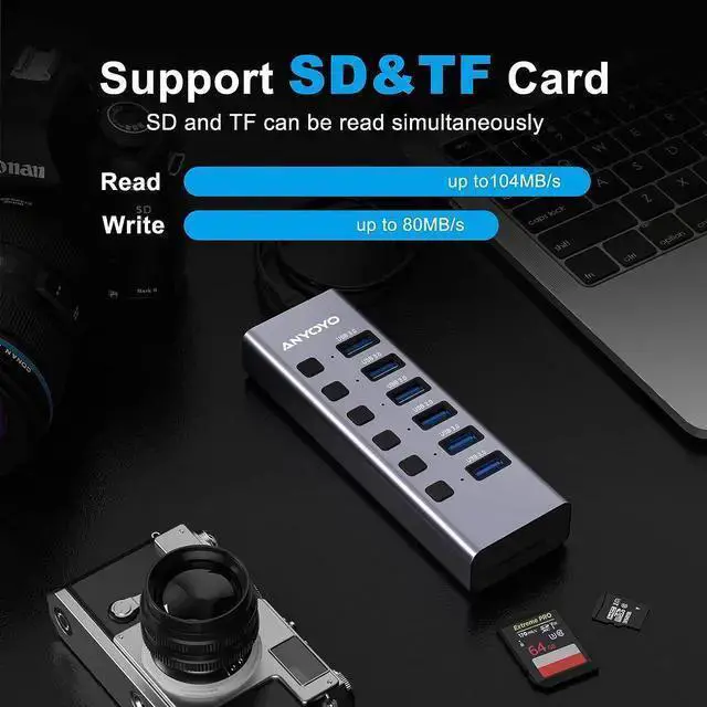 Alt view image 3 of 7 - WISDUM Powered USB Hub with TF/SD Card Reader, 8-Port USB 3.0 Hub with 6 USB 3.0 Data Ports, USB Spilter with Individual On/Off SwitchesAluminum USB Hub with AC Adapter for PC, Desktop,