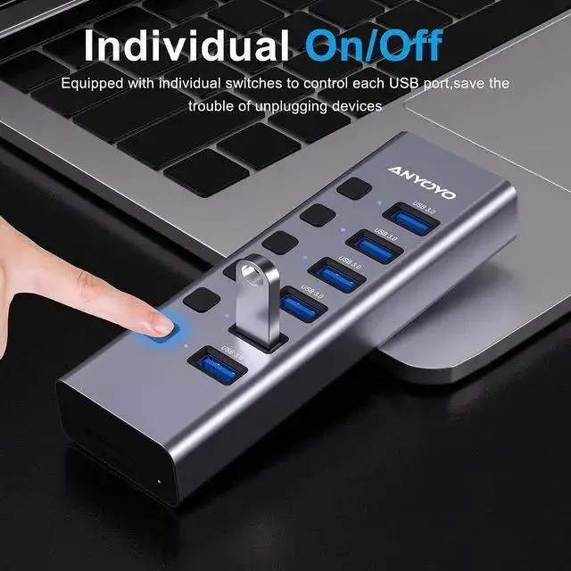 Alt view image 4 of 7 - WISDUM Powered USB Hub with TF/SD Card Reader, 8-Port USB 3.0 Hub with 6 USB 3.0 Data Ports, USB Spilter with Individual On/Off SwitchesAluminum USB Hub with AC Adapter for PC, Desktop,