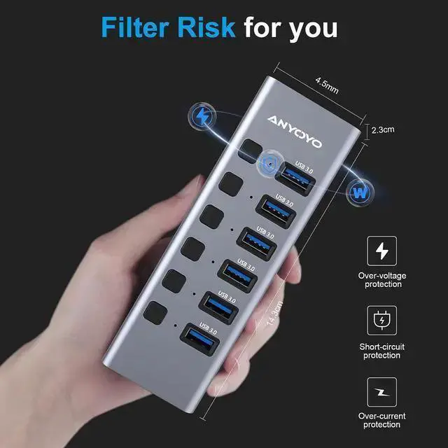 Alt view image 6 of 7 - WISDUM Powered USB Hub with TF/SD Card Reader, 8-Port USB 3.0 Hub with 6 USB 3.0 Data Ports, USB Spilter with Individual On/Off SwitchesAluminum USB Hub with AC Adapter for PC, Desktop,