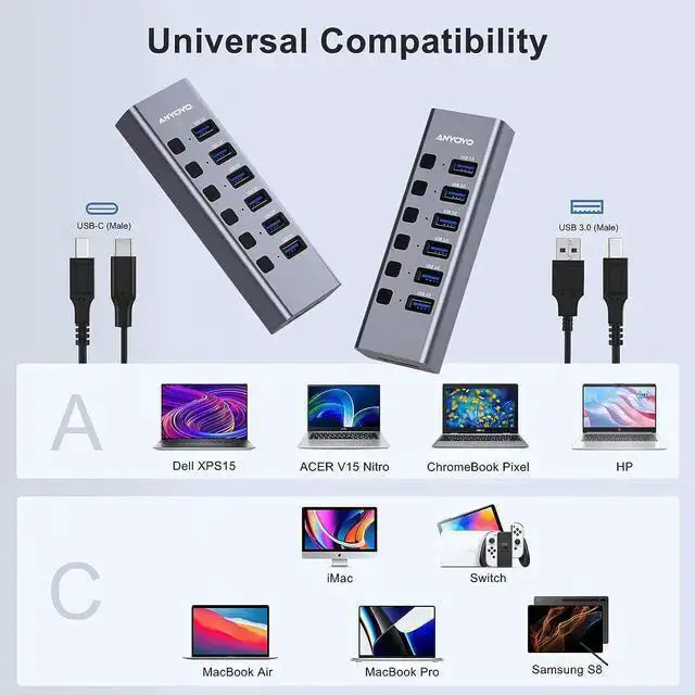 Alt view image 7 of 7 - WISDUM Powered USB Hub with TF/SD Card Reader, 8-Port USB 3.0 Hub with 6 USB 3.0 Data Ports, USB Spilter with Individual On/Off SwitchesAluminum USB Hub with AC Adapter for PC, Desktop,