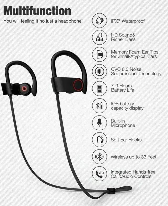 Alt view image 2 of 7 - WISDUM Wireless headphones, Bluetooth Headphones 13 Hours Playtime Bluetooth 5.0 Sport Earphones IPX7 Waterproof Wireless Earbuds Built-in Microphone Ear Hooks