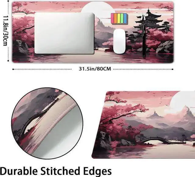 Alt view image 2 of 7 - WISDUM Pink Japanese Sakura Gaming Mouse Pad XL Blossom Tower Mountain Landscape Extended Large Desk Mat Big Mousepad Non-Slip Rubber Base Stitched Edge Long Desk Pad for Computer Gamer 31.511.8 in