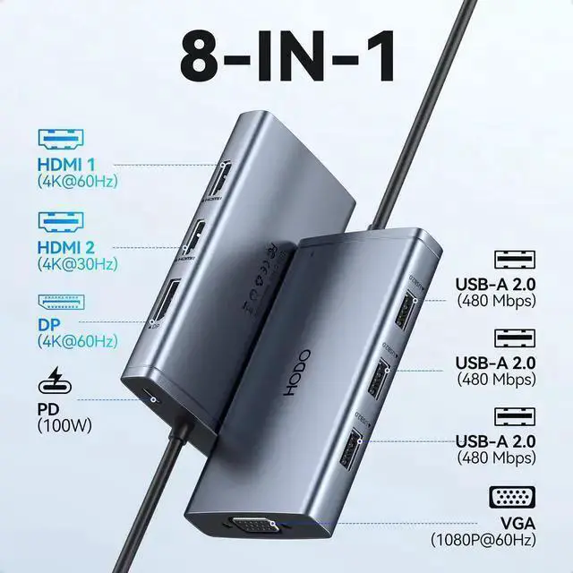 Alt view image 2 of 7 - WISDUM USB C Docking Station Dual Monitor Adapter for , Laptop Docking Station 3 Monitors Quadruple Display USB C Hub Dongle to 4K HDMI+DP+VGA,3 USB2.0,100W PD, 8 in 1 USB C Dock for ,Surface