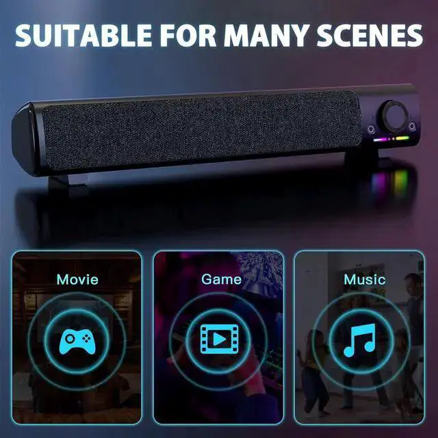 Alt view image 3 of 7 - WISDUM Computer Speakers, USB Powered 3.5mm AUX PC Sound Bar for Desktop Monitor, Gaming Speakers with Headphones & Microphone Link, Superb Stereo Sound, Plug-n-Play (Black)