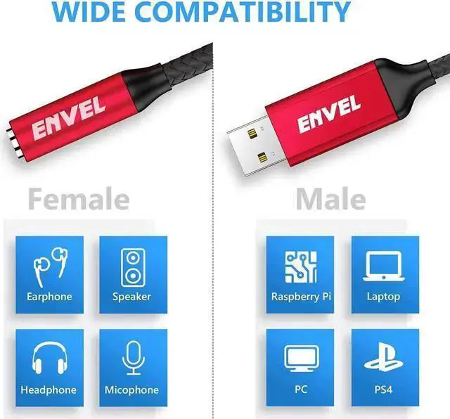 Alt view image 2 of 7 - WISDUM ENVEL Headset Adapter 3.5mm Female to USB Male, Built-in Chip External Stereo Sound Card,TRRS 4-Pole Mic-Supported USB to Headphone Adapter for PS4 Laptop PC and More (Senior Red)