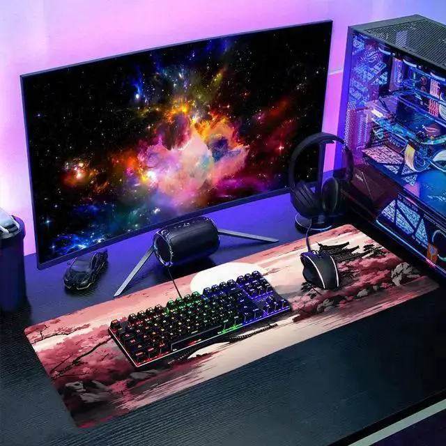 Alt view image 6 of 7 - WISDUM Pink Japanese Sakura Gaming Mouse Pad XL Blossom Tower Mountain Landscape Extended Large Desk Mat Big Mousepad Non-Slip Rubber Base Stitched Edge Long Desk Pad for Computer Gamer 31.511.8 in