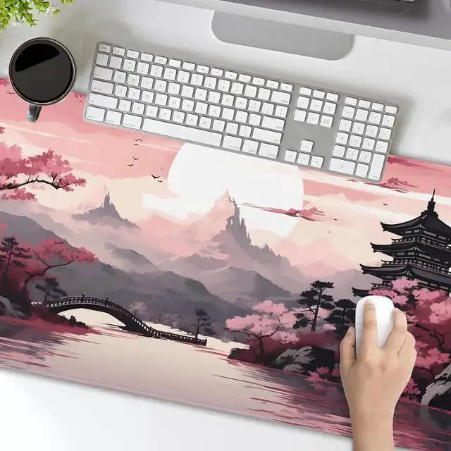 Alt view image 7 of 7 - WISDUM Pink Japanese Sakura Gaming Mouse Pad XL Blossom Tower Mountain Landscape Extended Large Desk Mat Big Mousepad Non-Slip Rubber Base Stitched Edge Long Desk Pad for Computer Gamer 31.511.8 in
