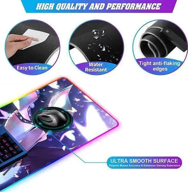Alt view image 4 of 7 - WISDUM RGB Anime Mouse Pad Demon Slayer Shinobu Custom Mousepad with Stitched Edge Frame & Non-Slip Rubber Base,Long Laptop Glowing Desk Pad,Computer Keyboard and Mice Pads Mouse Mat 31.5X15.7 inch
