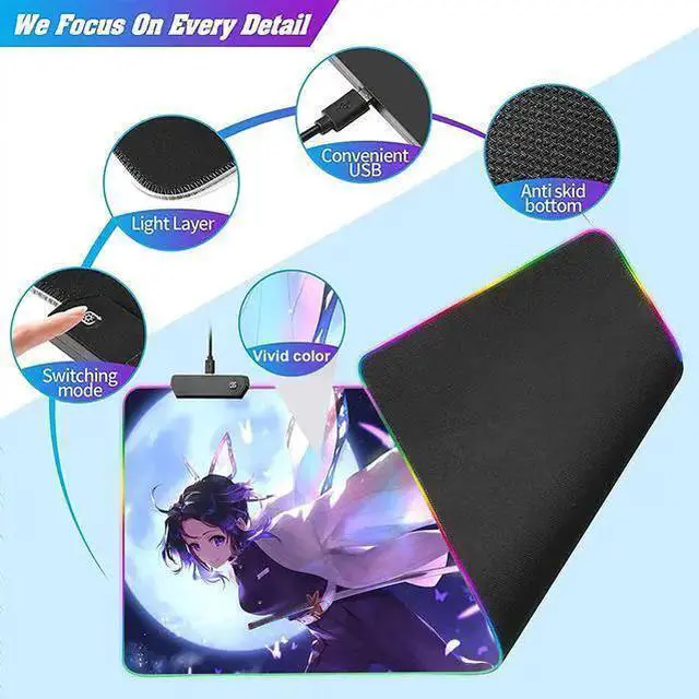 Alt view image 3 of 7 - WISDUM RGB Anime Mouse Pad Demon Slayer Shinobu Custom Mousepad with Stitched Edge Frame & Non-Slip Rubber Base,Long Laptop Glowing Desk Pad,Computer Keyboard and Mice Pads Mouse Mat 31.5X15.7 inch