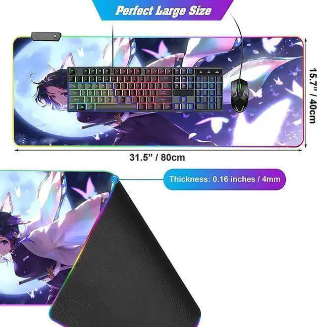 Alt view image 5 of 7 - WISDUM RGB Anime Mouse Pad Demon Slayer Shinobu Custom Mousepad with Stitched Edge Frame & Non-Slip Rubber Base,Long Laptop Glowing Desk Pad,Computer Keyboard and Mice Pads Mouse Mat 31.5X15.7 inch