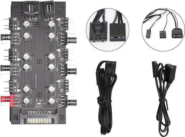 Alt view image 7 of 7 - WISDUM 12V 4Pin PWM & 5V 3Pin ARGB with SATA 15Pin Power 2-in-1 Hub 6 Way Sync CPU Cooling Fan Addressable RGB Lighting PCB Splitter for Extended Motherboard Interface -Black