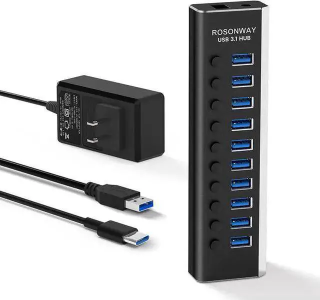 Main image of WISDUM Powered USB Hub, Rosonway 10 Port USB 3.1/3.2 Gen 2 Hub 10Gbps with 36W (12V/3A) Power Adapter, Type A and Type C Cables, Aluminum USB C Hub Splitter for PC and Laptop (RSH-A10S)