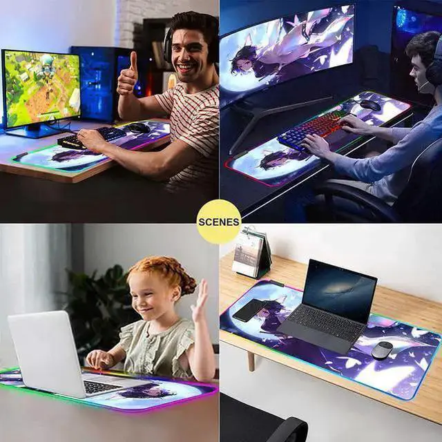 Alt view image 6 of 7 - WISDUM RGB Anime Mouse Pad Demon Slayer Shinobu Custom Mousepad with Stitched Edge Frame & Non-Slip Rubber Base,Long Laptop Glowing Desk Pad,Computer Keyboard and Mice Pads Mouse Mat 31.5X15.7 inch