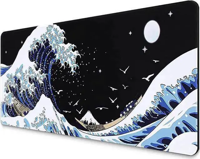 Main image of WISDUM Gaming Mouse Pad with Japanese Sea Wave Extended Large Cool Anime Mousepad for Desk 31.5 x 11.8 in Non-Slip Base Stitched Edges for Gaming and Office Work (Blue)