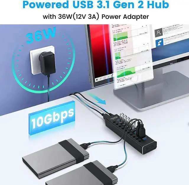 Alt view image 2 of 7 - WISDUM Powered USB Hub, Rosonway 10 Port USB 3.1/3.2 Gen 2 Hub 10Gbps with 36W (12V/3A) Power Adapter, Type A and Type C Cables, Aluminum USB C Hub Splitter for PC and Laptop (RSH-A10S)
