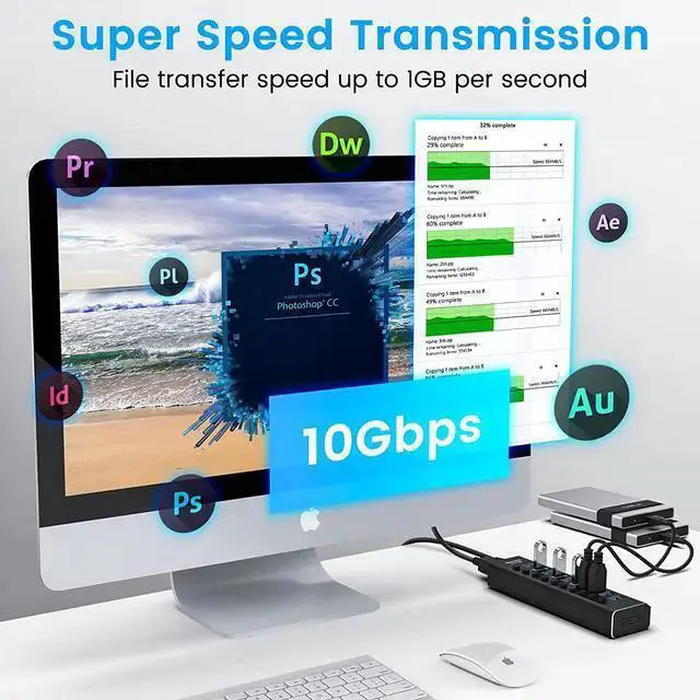 Alt view image 3 of 7 - WISDUM Powered USB Hub, Rosonway 10 Port USB 3.1/3.2 Gen 2 Hub 10Gbps with 36W (12V/3A) Power Adapter, Type A and Type C Cables, Aluminum USB C Hub Splitter for PC and Laptop (RSH-A10S)
