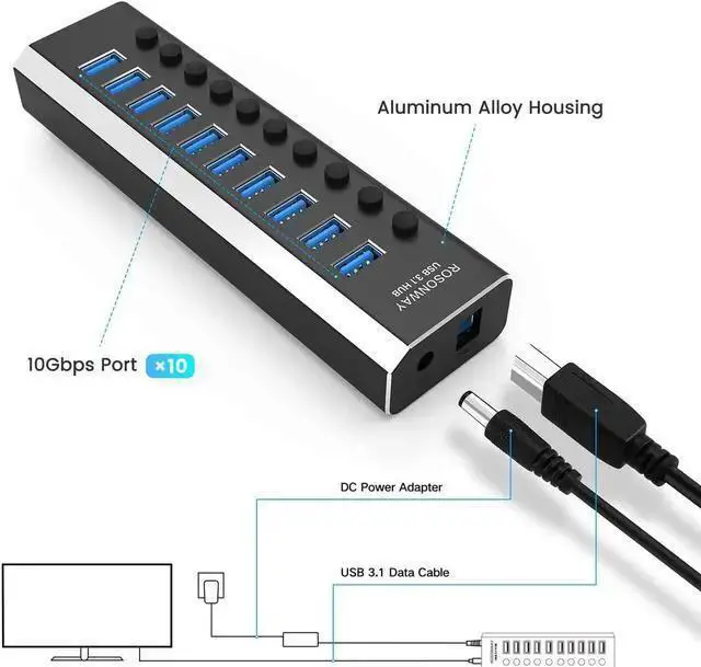 Alt view image 6 of 7 - WISDUM Powered USB Hub, Rosonway 10 Port USB 3.1/3.2 Gen 2 Hub 10Gbps with 36W (12V/3A) Power Adapter, Type A and Type C Cables, Aluminum USB C Hub Splitter for PC and Laptop (RSH-A10S)