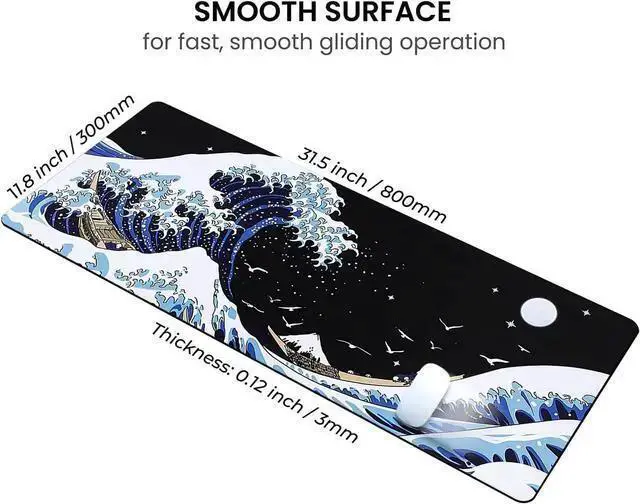 Alt view image 3 of 7 - WISDUM Gaming Mouse Pad with Japanese Sea Wave Extended Large Cool Anime Mousepad for Desk 31.5 x 11.8 in Non-Slip Base Stitched Edges for Gaming and Office Work (Blue)