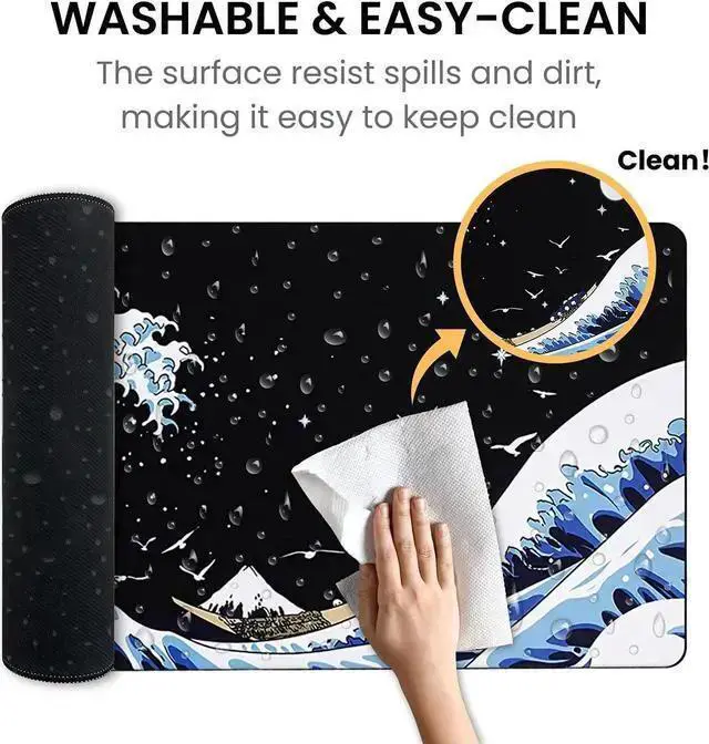 Alt view image 5 of 7 - WISDUM Gaming Mouse Pad with Japanese Sea Wave Extended Large Cool Anime Mousepad for Desk 31.5 x 11.8 in Non-Slip Base Stitched Edges for Gaming and Office Work (Blue)