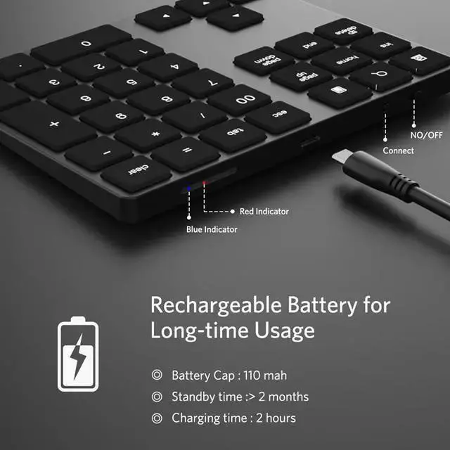 Alt view image 3 of 7 - WISDUM Mini Numeric Keyboard Wireless Bluetooth Keypad 34keys Calculator Keyboard Rechargeable Keypads for Windows/ iOS/Android For PC Number Pad Mini