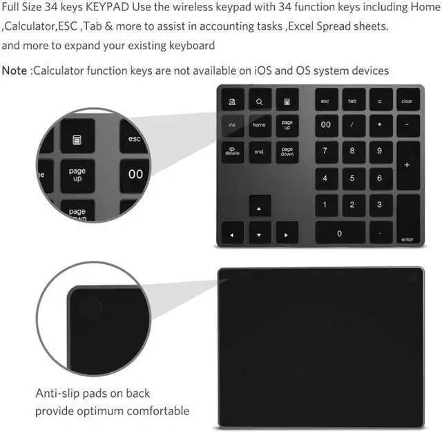 Alt view image 5 of 7 - WISDUM Mini Numeric Keyboard Wireless Bluetooth Keypad 34keys Calculator Keyboard Rechargeable Keypads for Windows/ iOS/Android For PC Number Pad Mini