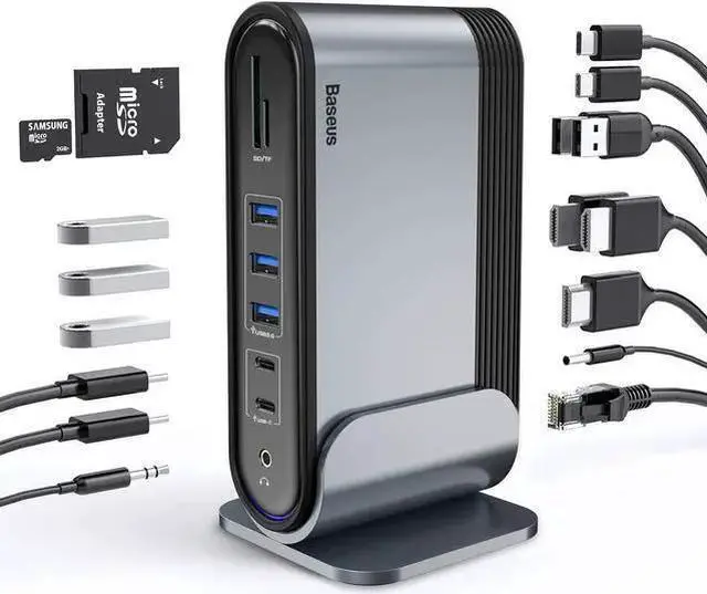 Main image of WISDUM USB-C 4K Triple Display Docking Station, USB C Dock Universal Docking Station with 3 HDMI 4K, Audio, Ethernet, 5 USB Ports, 100W USB-C PD, SD/TF Card Reader for Windows, PC, Mac, Laptops