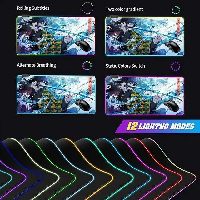 Alt view image 6 of 7 - WISDUM RGB Large Gaming Mouse Pad Anime Giyu Sword Laptop Desk Pad Mousepad with Stitched Edge Frame & Non-Slip Rubber Base Computer Keyboard and Mice Pads Mouse Mat 31.5X15.7