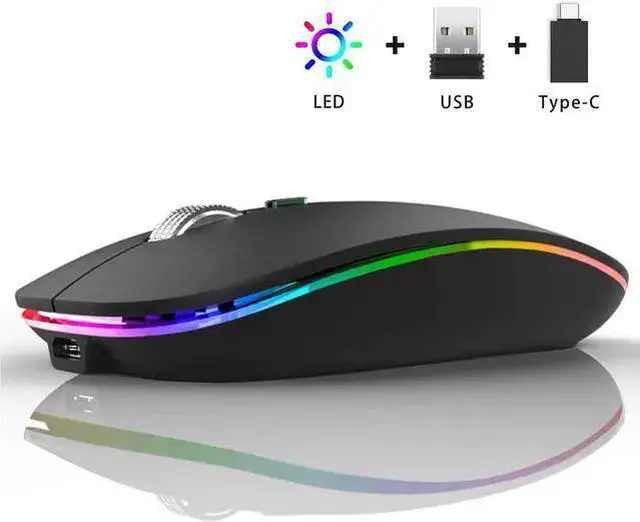 Main image of WISDUM LED Wireless Mouse, Uiosmuph G12 Slim Rechargeable Wireless Silent Mouse, 2.4G Portable USB Optical Wireless Computer Mice with USB Receiver and Type C Adapter (Matte Black)